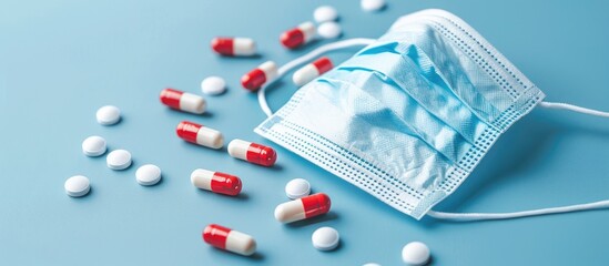 A side angle view of a medical mask over the face with white and red pills on a blue background, suitable as a website header with copy space image.