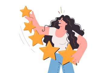 Woman with stars in hands evaluates services received, using rating system to collect feedback