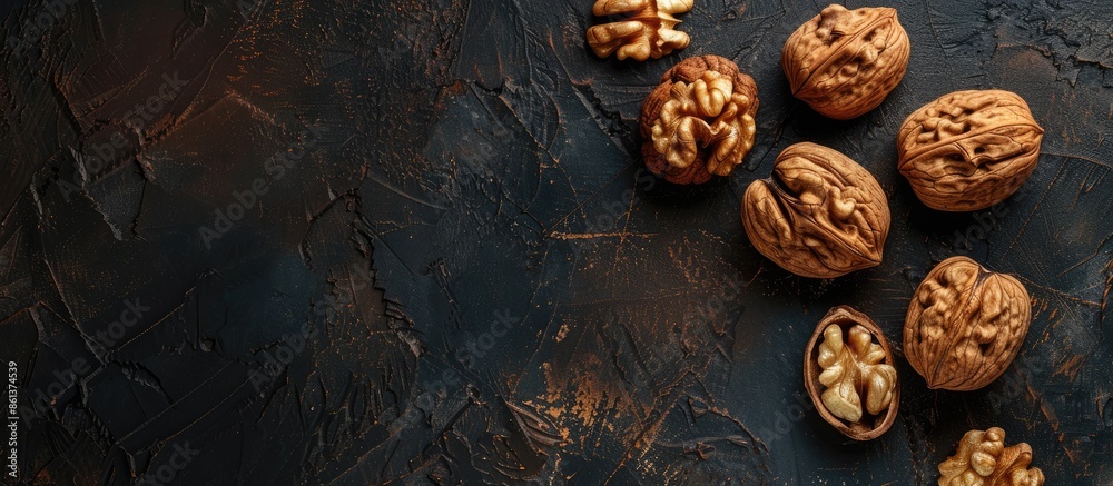 Poster Aerial view of shelled walnuts on a dark concrete surface with a single walnut and ample copy space on a dark backdrop for adding text next to it.