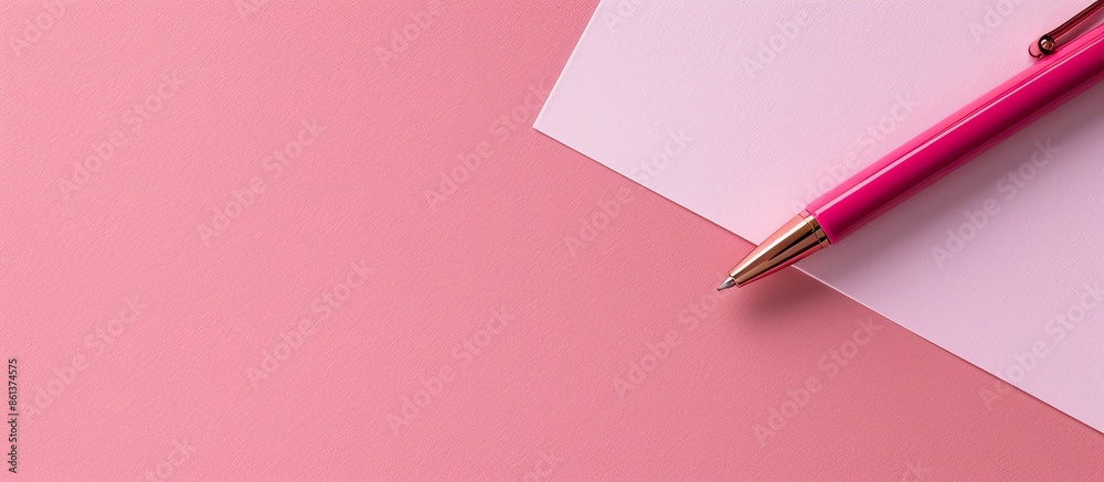 Leinwandbilder Blank note paper and a pen on a soft pink background from a top view, ideal for a back-to-school concept with copy space image.