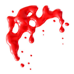Vivid red blood splash on transparent background, perfect as dramatic and eerie Halloween design element. Cut out of red dripping liquid, fluid. 3D render.