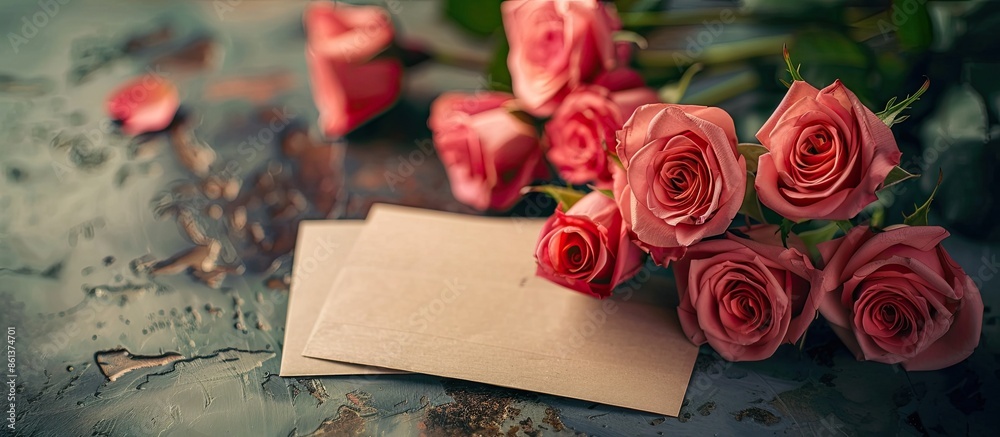Poster toned photo with roses and a greeting card in the background, ideal for a copy space image.
