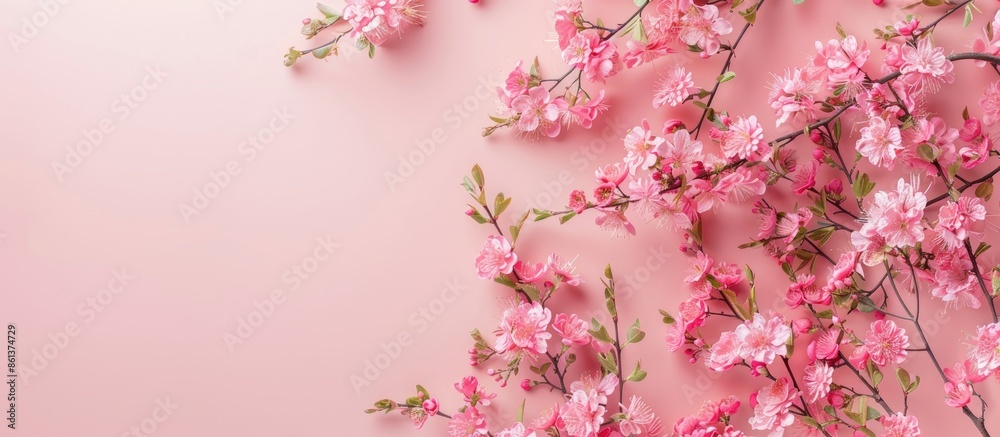 Aufkleber soft pink flowers bordering a pastel pink background in a flat lay top view with room for text or gr