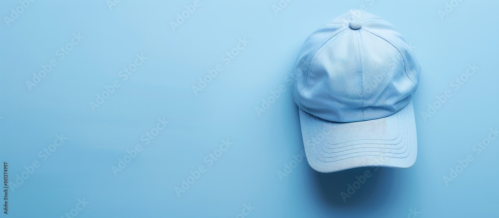 Aufkleber Top view of a baseball cap placed on a light blue surface with space available for text in the image. copy space available