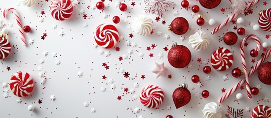 Fototapeta premium Festive Christmas arrangement featuring red and white candies, baubles, and confetti on a white backdrop with a winter-themed concept. Top-down view with ample copy space image.