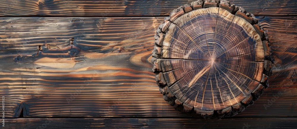 Poster Tree cross section on antique wood backdrop with copy space image.