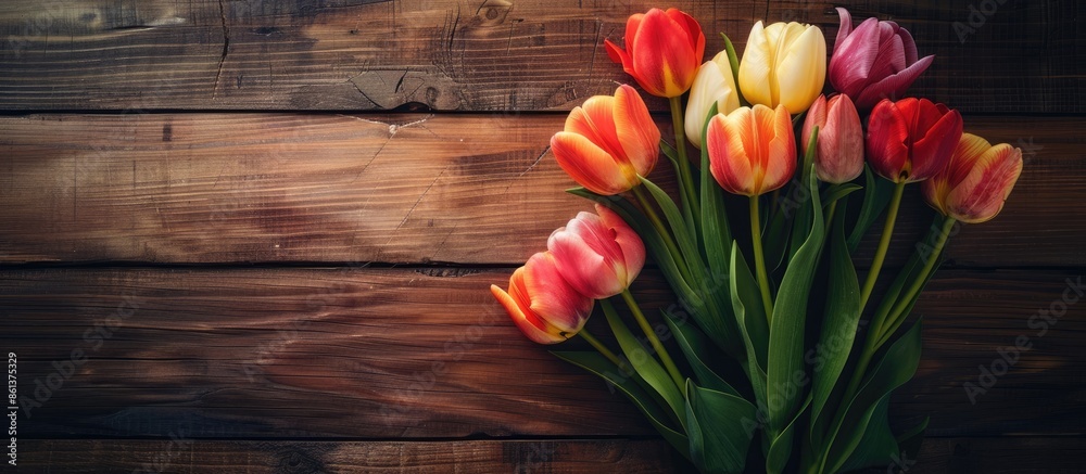 Poster tulips arranged on a table with a wooden background, providing a lovely copy space image.