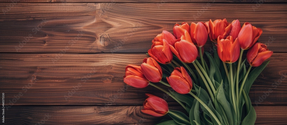 Poster tulips arranged on a table with a wooden background, providing a lovely copy space image.