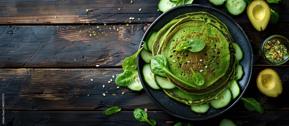 Poster spinach pancakes with cucumber, avocado, and greens displayed on a dark wooden surface from a top vi