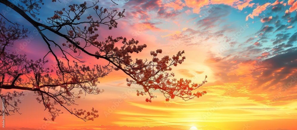 Poster a stunning sunset landscape with a beautiful tree and branch silhouette against the colorful sky, pe