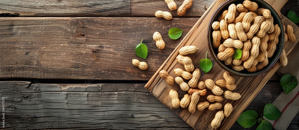 Aufkleber An overhead shot of a peanut in a bowl placed on a cutting board on a wooden table with copy space image.