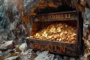 An overflowing treasure chest brimming with gold coins is set against the rugged, dark confines of a mysterious cave, symbolizing hidden fortune and adventure.