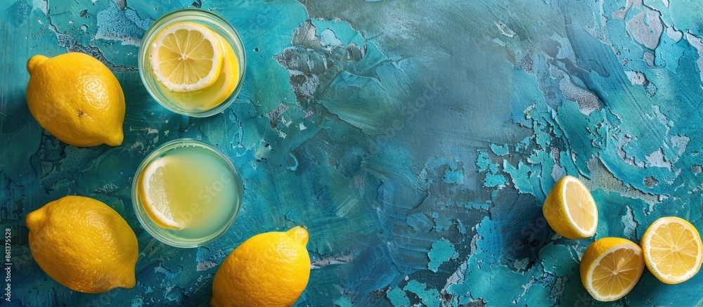 Poster Freshly squeezed lemon juice in a glass on a turquoise stone or concrete table with copy space image.