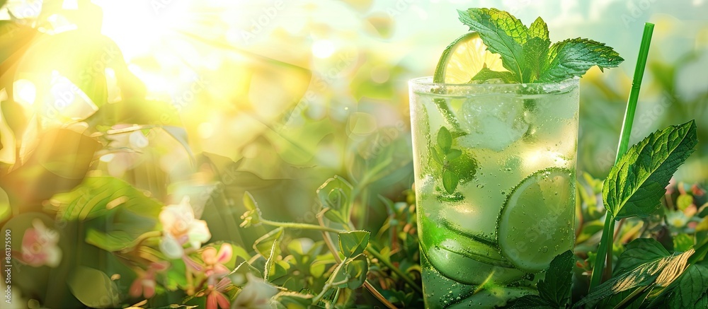 Poster invigorating mojito cocktail with a scenic copy space image.