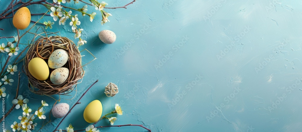 Aufkleber easter holiday decorations arranged on a blue background create an easter-themed scene seen from abo
