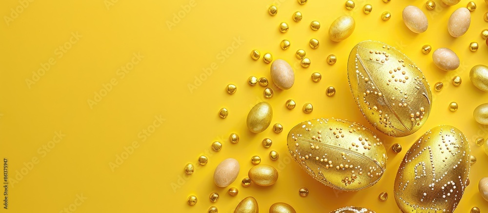 Canvas Prints Golden eggs and candy on a yellow background for an Easter theme with a top view flat lay, offering copy space image.