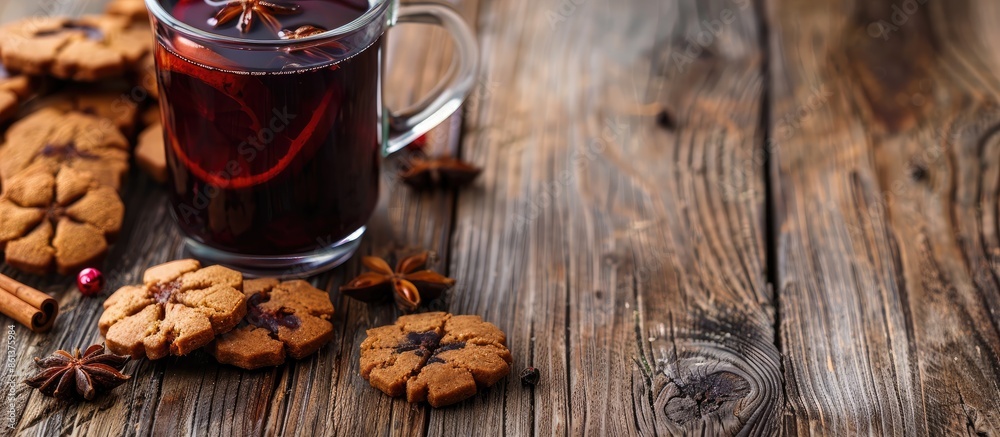 Aufkleber Close-up image of a delicious mulled wine and cookie on a wooden table with copy space image available for text.