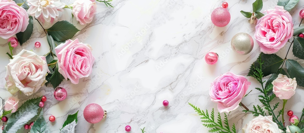 Aufkleber pink roses and decorations with a spring holiday theme on a white marble backdrop create an appealin
