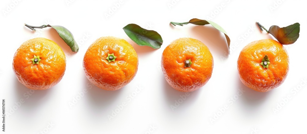 Poster Top view image of four ripe mandarins isolated on white background with space for text, perfect for fruit and agriculture concepts. copy space available