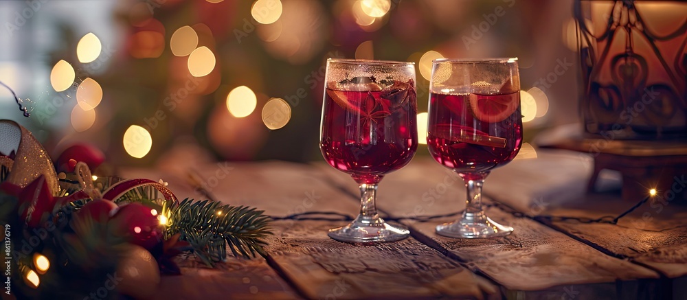Poster festive ambiance with two glasses of mulled wine in a christmas setting. room for text in the image.