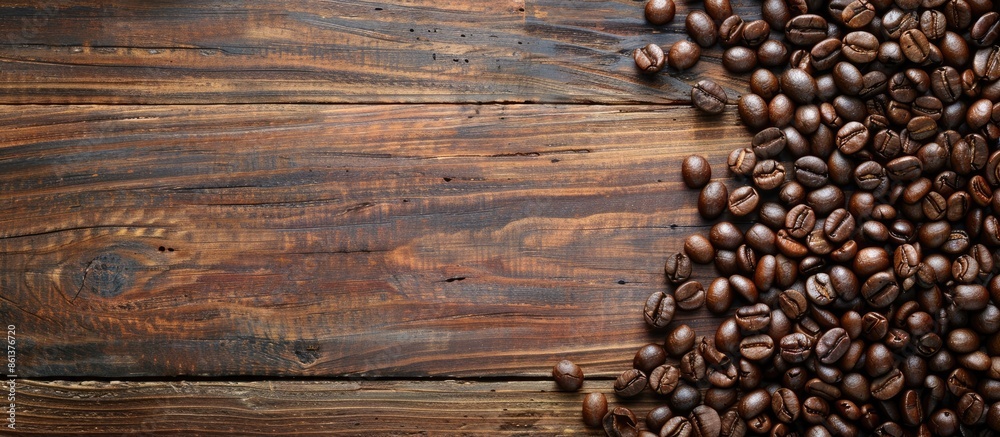 Poster a rustic wooden backdrop with coffee beans and ample copy space image.