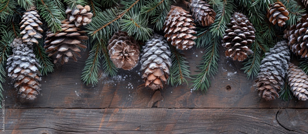 Poster a festive display for christmas and new year, featuring pine cones and spruce branches on a wooden b
