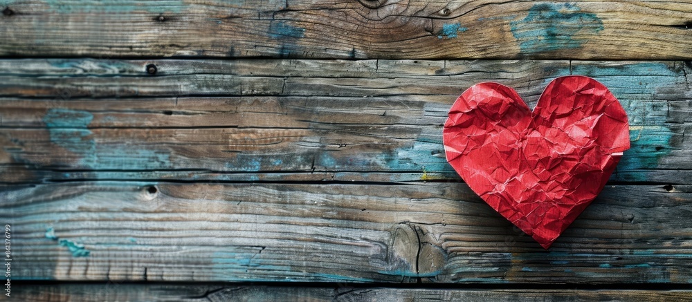 Poster valentine's day theme with a red heart paper on a wooden backdrop, perfect as a copy space image.