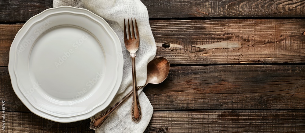 Poster top view of a wooden table set with an empty plate, fork, spoon, and tablecloth, creating a food dis
