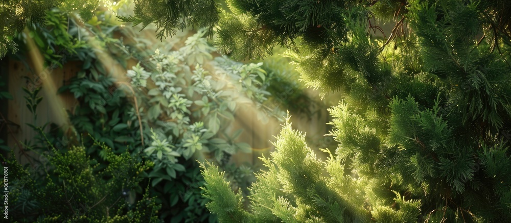 Aufkleber Sunlight filtering through a cypress branch creates a beautiful frame for a copy space image, surrounded by arborvitae and thuja evergreen trees, perfect for a natural theme.