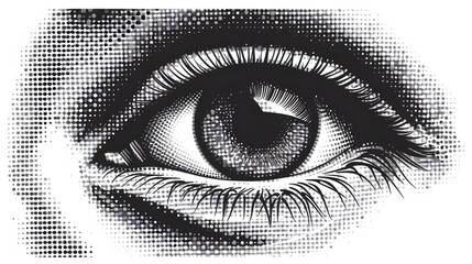 Obraz premium An abstract illustration of an eye rendered in halftone style, showing detailed textures and artistic shading.