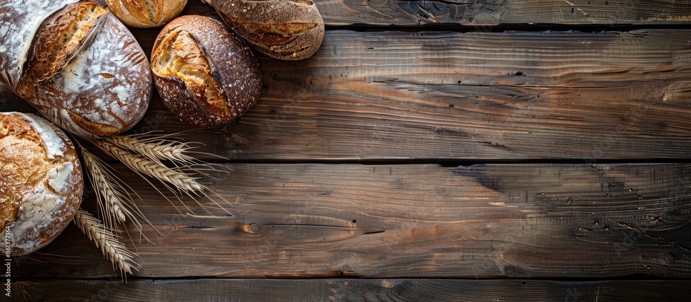 Poster breads freshly baked, arranged on a rustic wooden table with a blank space for an image. copy space 