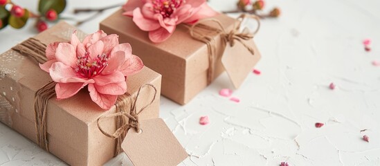 Crafty handmade gift boxes adorned with a pink flower and gift tag, set against a white background with copy space image.