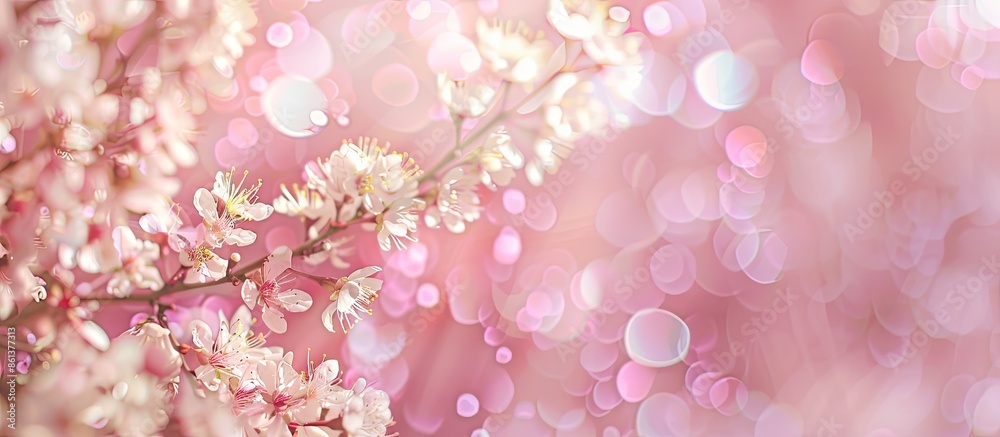 Poster a pink backdrop adorned with dainty white blooms, bokeh effect, and available copy space image.