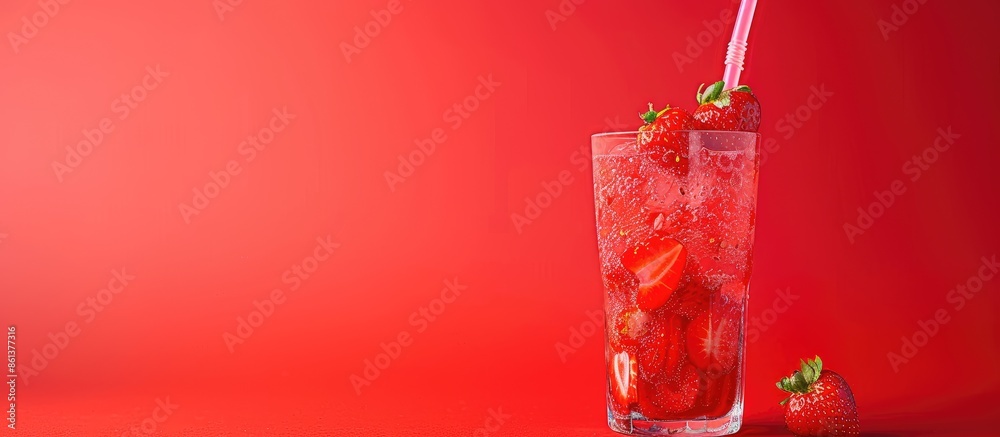 Poster a refreshing strawberry beverage in a glass with a straw, perfect for a cool summer treat and featur