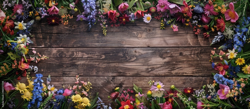 Poster An enchanting frame crafted from colorful flowers against a rustic wooden backdrop, ideal for a copy space image.