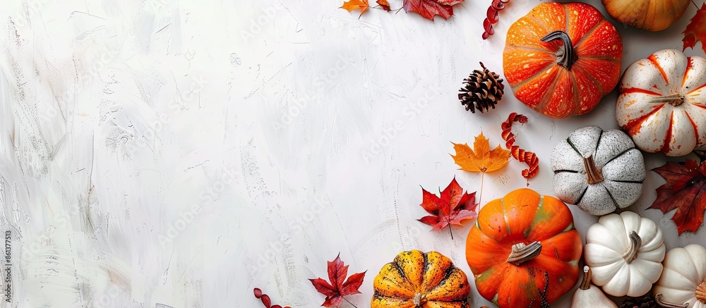 Poster top view of autumn-themed decorative pumpkins and fall leaves on a white table, creating a festive b