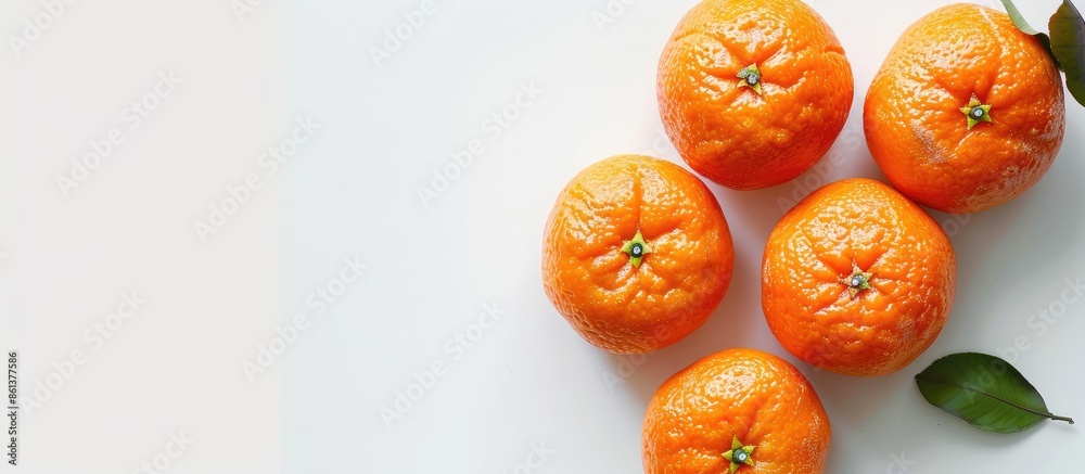 Poster Top view image of four ripe mandarins isolated on white background with space for text, perfect for fruit and agriculture concepts. copy space available