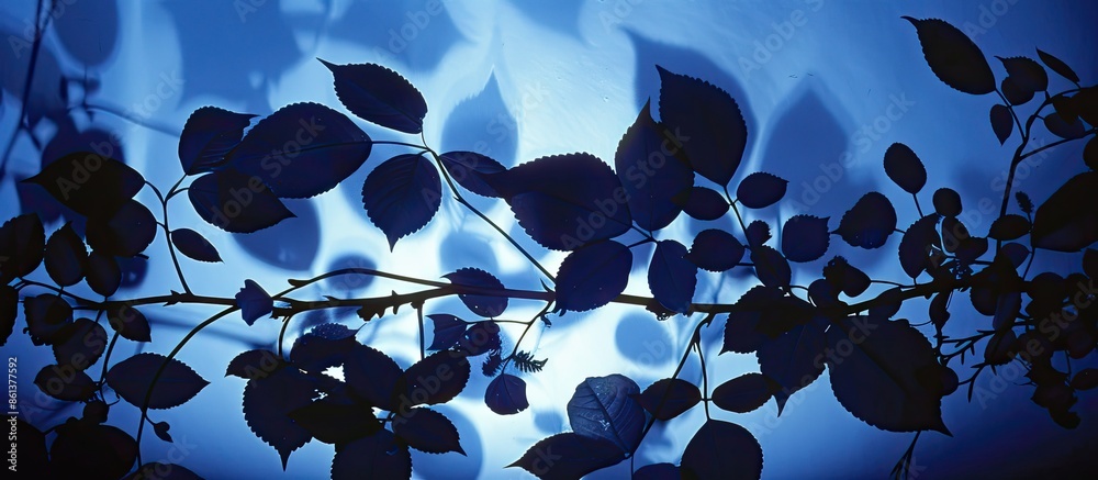 Poster silhouette of leaves and flowers projected on a blue backdrop with copy space image.