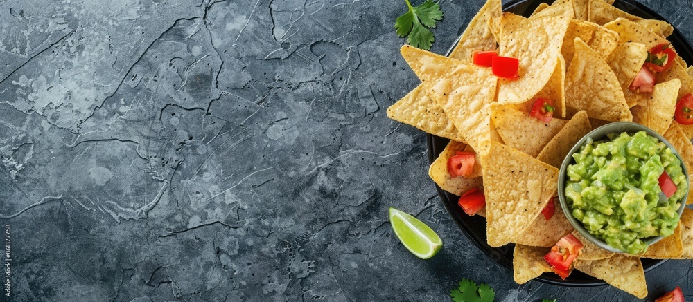 Poster Top-down view of Mexican nachos served with guacamole on a textured gray surface, suitable for adding text or images within the frame. copy space available