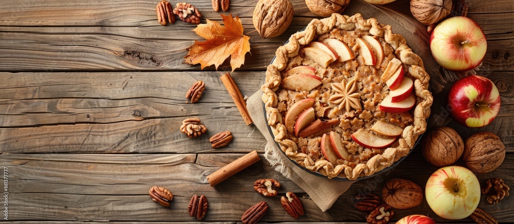 Poster delicious homemade whole wheat pie with apples, cinnamon, and a variety of nuts on a rustic wooden t