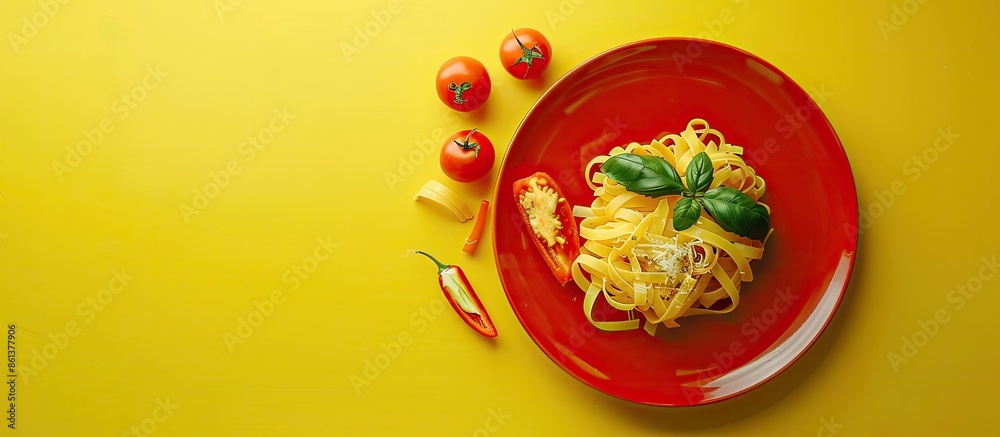 Poster plate with no food on a yellow surface adorned with pasta, tomatoes, and pepper creating a vibrant c