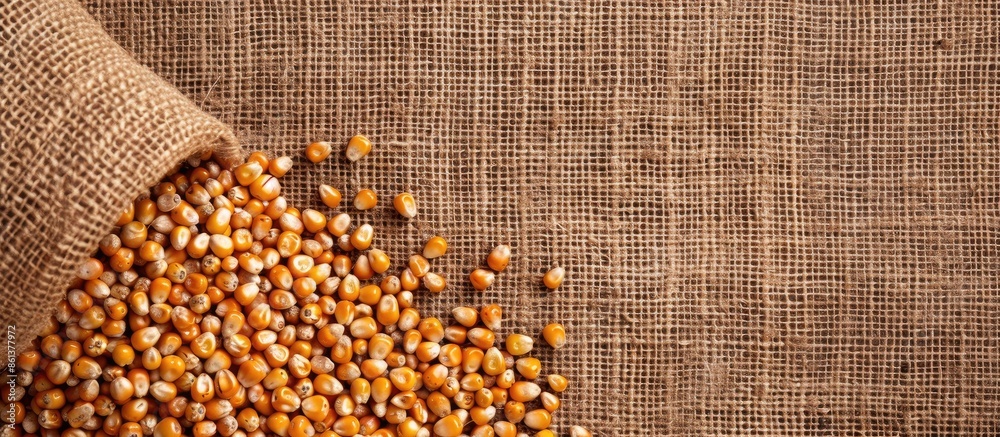 Poster Top view of corn grains on a burlap background with copy space image available for text.
