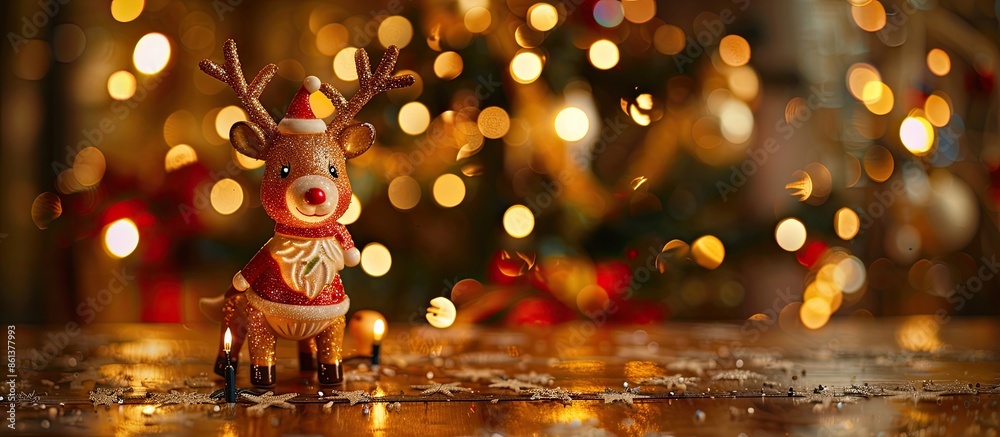 Poster festive christmas backdrop featuring a toy reindeer as santa claus, a lit christmas tree on a wooden
