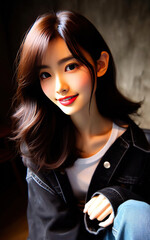 Fototapeta premium beautiful Japanese girl, beautiful smile, white clothes, black jacket and pants light jeans. 38