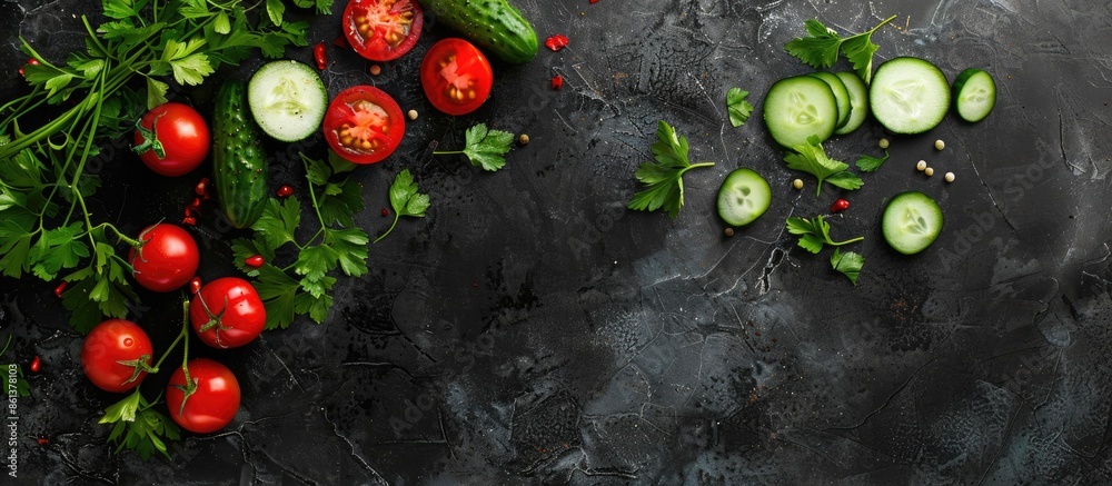 Poster top view of summer green salad ingredients like red tomatoes, cucumbers, and parsley on a black back