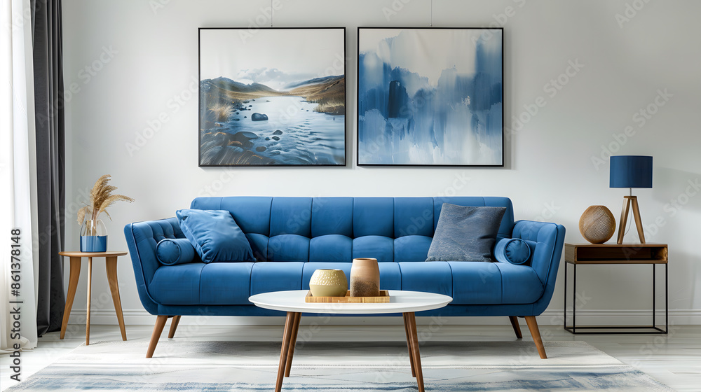Poster real photo of bright living room interior with royal blue couch, three simple paintings, window with - Posters