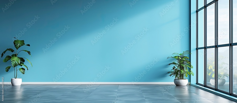 Poster spacious room with blue wall showing a vast, open area for various uses, with abundant copy space im