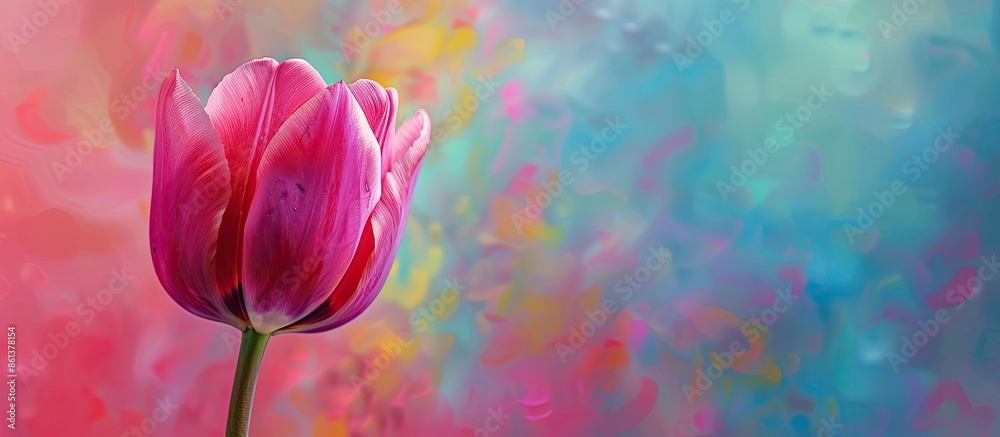 Poster a vibrant pink tulip blooms elegantly on a colorful backdrop, with ample copy space image.