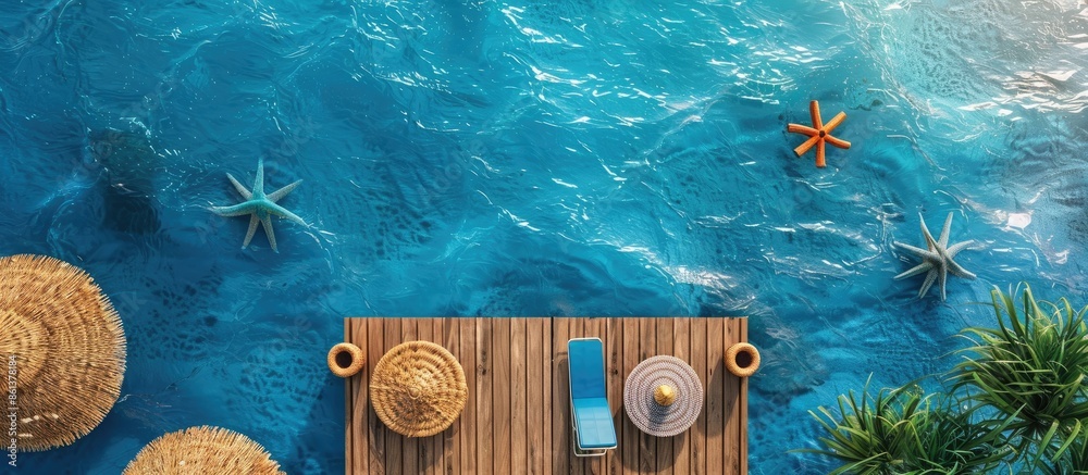 Aufkleber Aerial shot of a seaside dock with blue planks and beach items arranged in a frame, featuring a background showing wood texture for a Summer Vacation theme with copy space image.