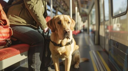 A guide dog confidently leads their blind owner to their designated seat on the train before settling down at their feet.